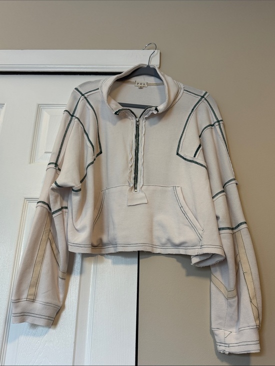 POL Tops - POL Cream Cropped Half-Zip Pullover with Dark Green Topstitching